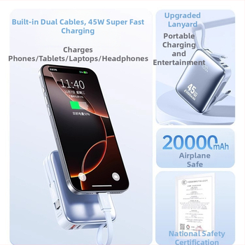 Išorinė baterija 20000 mAh su 45W greitu įkrovimu, įmontuoti kabeliai, Li‑polimerų ličio baterija, 3C sertifikatas