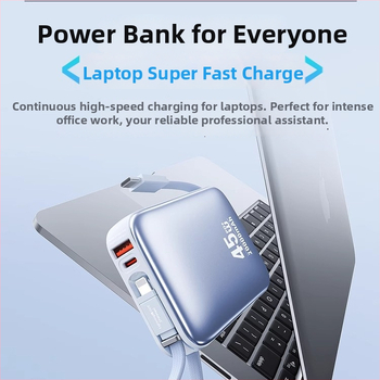 Išorinė baterija 20000 mAh su 45W greitu įkrovimu, įmontuoti kabeliai, Li‑polimerų ličio baterija, 3C sertifikatas