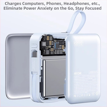 Išorinė baterija 20000 mAh su 45W greitu įkrovimu, įmontuoti kabeliai, Li‑polimerų ličio baterija, 3C sertifikatas