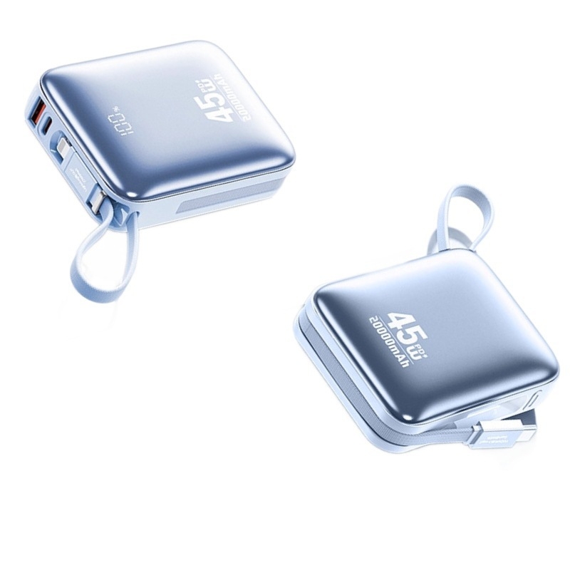 Išorinė baterija 20000 mAh su 45W greitu įkrovimu, įmontuoti kabeliai, Li‑polimerų ličio baterija, 3C sertifikatas