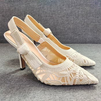 Сандали с презрамки за жени, заострен нос, горна част от телешка кожа, нисък клиновиден ток, подплата от супер влакна