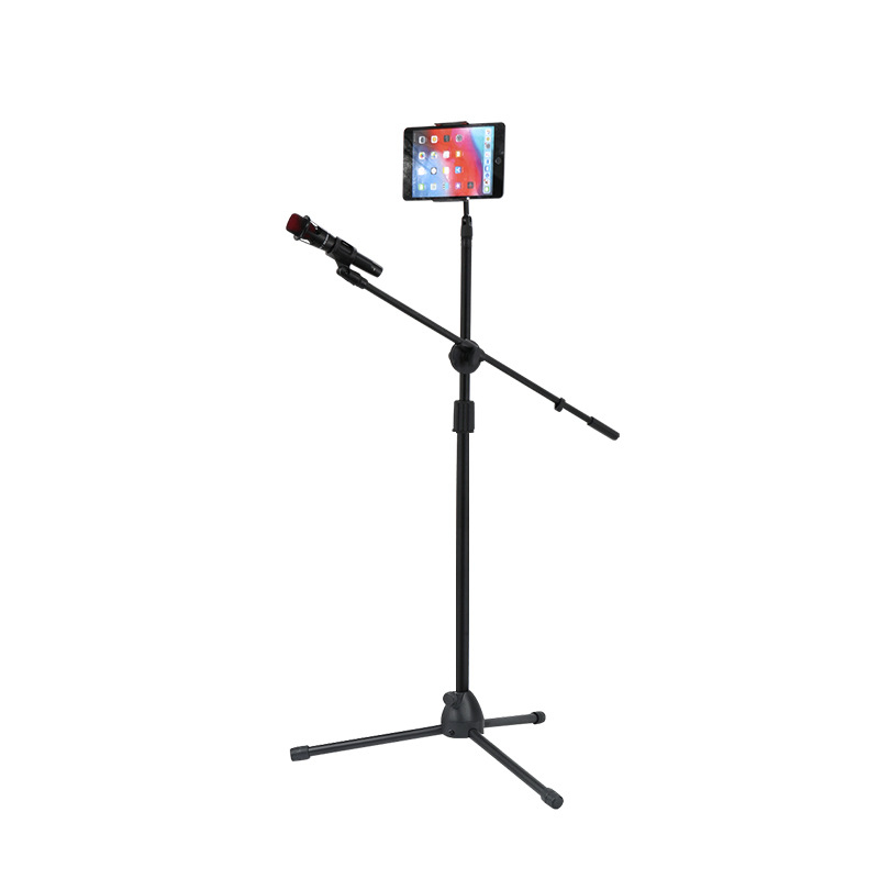 Podna stalka za mikrofon — teleskopni stalak za live streaming, karaoke i nastupe; univerzalni držač za mikrofon, mobitel i tablet; kovna i plastična konstrukcija; prenosan