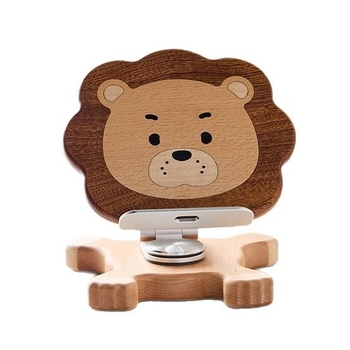 Drevený stolný stojan na telefón a držiak na tablet, otočný a skladací, zdvíhací typ dizajnu, detský ozdobný motív – malý lev, model YJPBZJ-0001