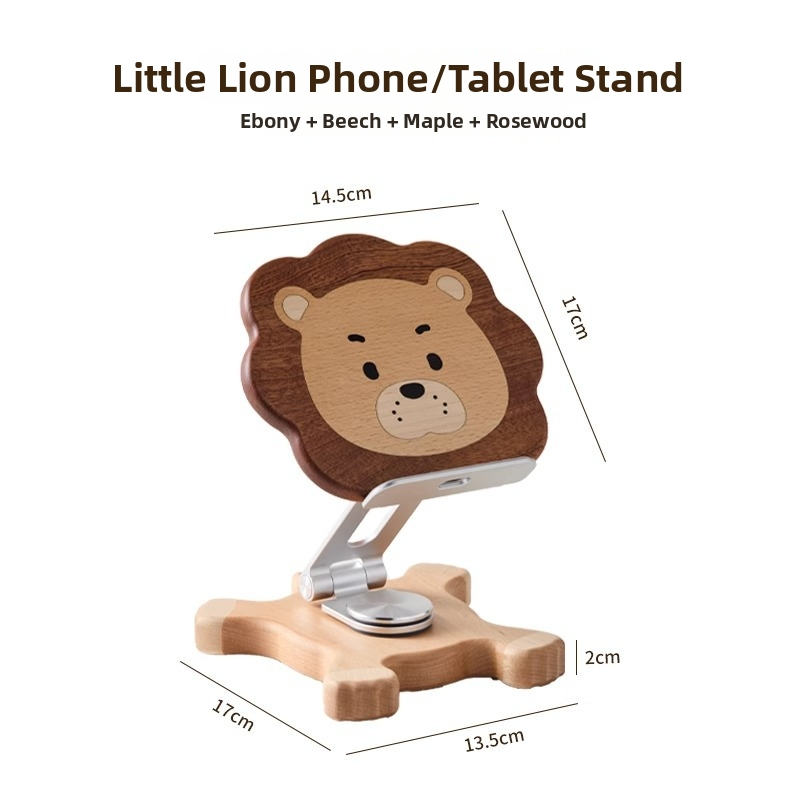 Drevený stolný stojan na telefón a držiak na tablet, otočný a skladací, zdvíhací typ dizajnu, detský ozdobný motív – malý lev, model YJPBZJ-0001