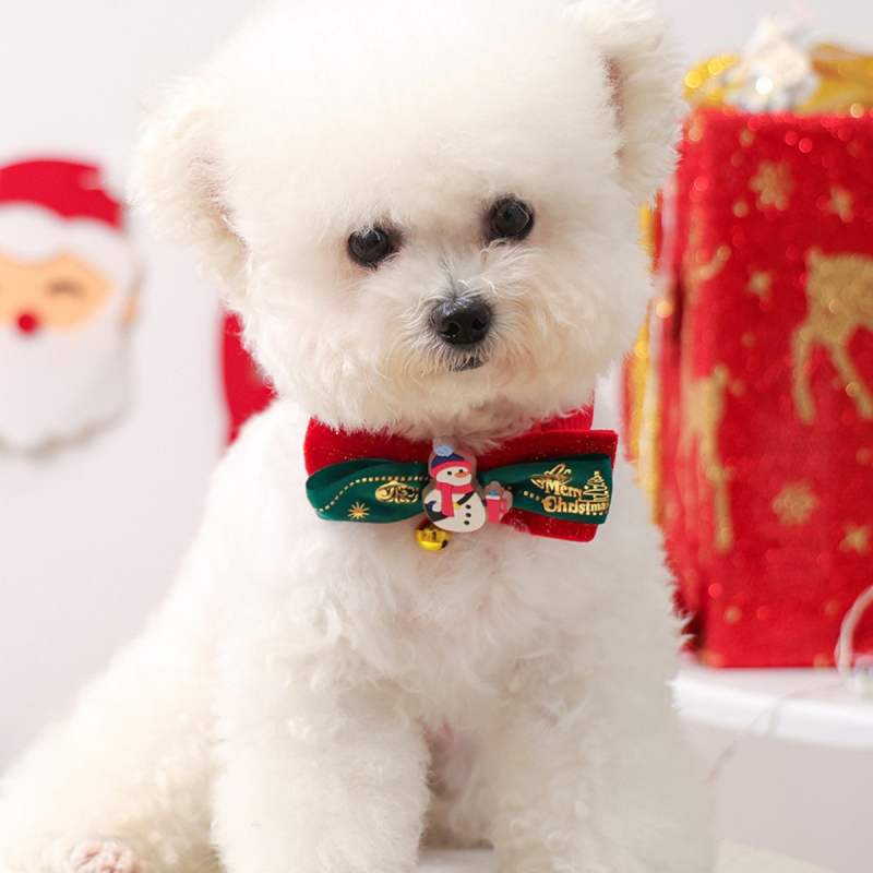 Colier cu fundă pentru animale de companie — model Cartoon Crăciun, poliester, pentru câini și pisici, potrivit pentru toate anotimpurile, stil lejer