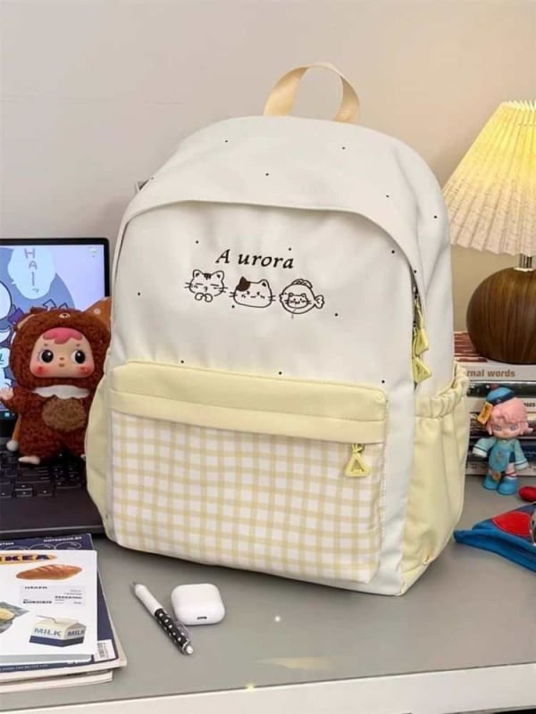 Ghiozdan pentru fete, stil proaspăt și drăguț, nailon, fermoar, buzunar pentru telefon