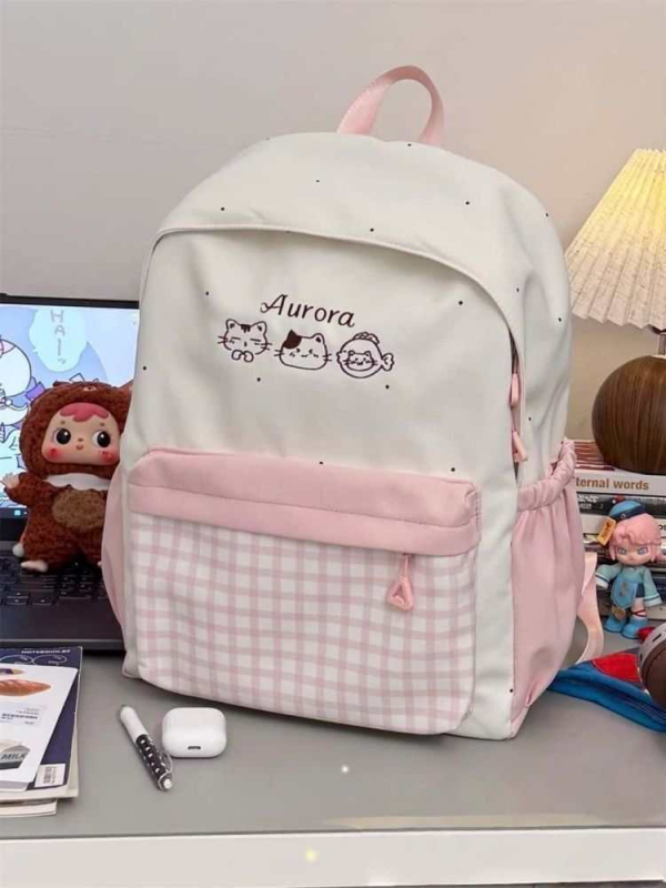 Ghiozdan pentru fete, stil proaspăt și drăguț, nailon, fermoar, buzunar pentru telefon