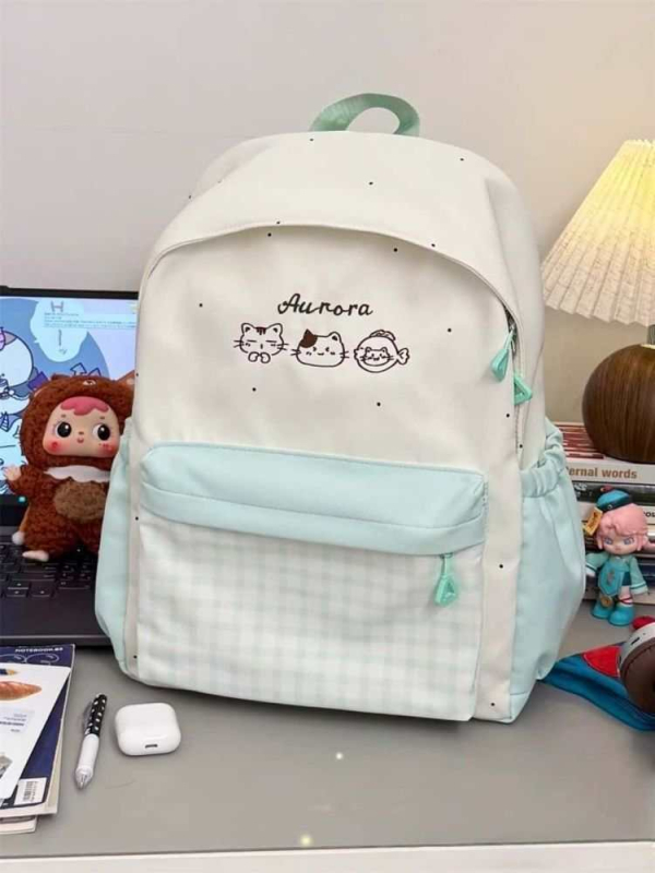 Ghiozdan pentru fete, stil proaspăt și drăguț, nailon, fermoar, buzunar pentru telefon