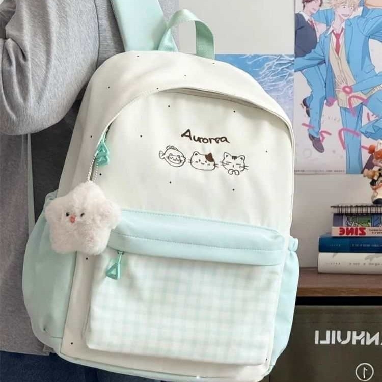 Ghiozdan pentru fete, stil proaspăt și drăguț, nailon, fermoar, buzunar pentru telefon