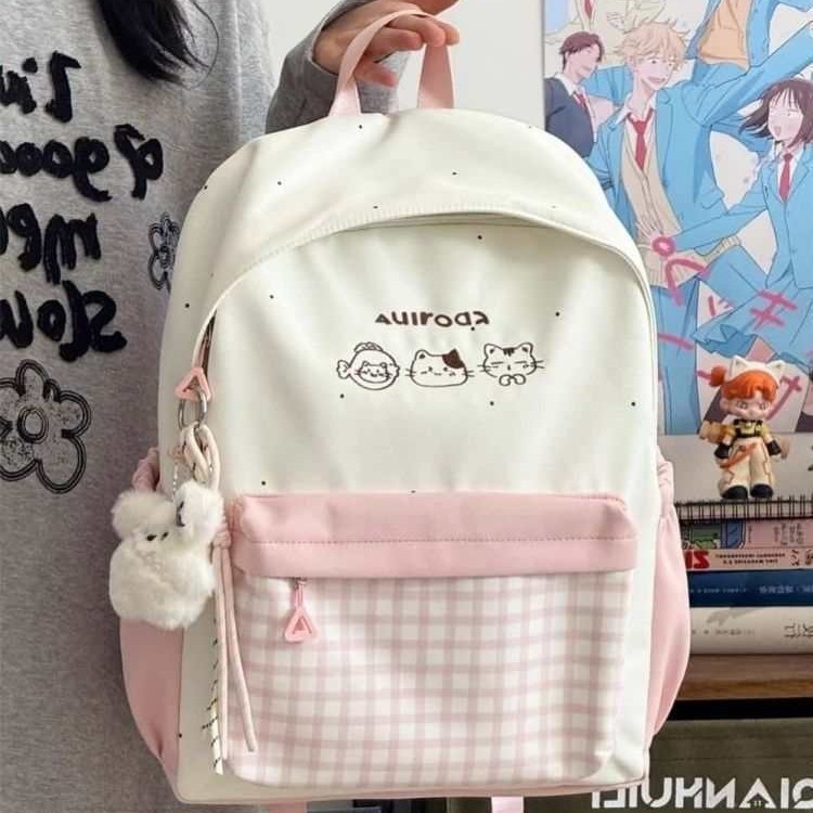 Ghiozdan pentru fete, stil proaspăt și drăguț, nailon, fermoar, buzunar pentru telefon