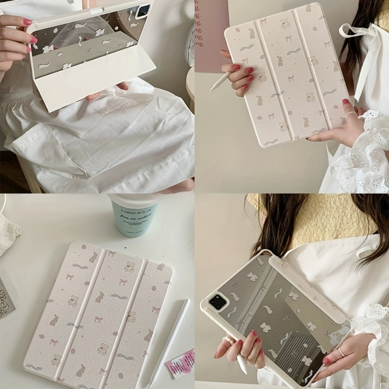 Защитен калъф за таблет с мотив мечка и огледално покритие за iPad Pro — PC материал, подставка, функция за сън, спрей финиш