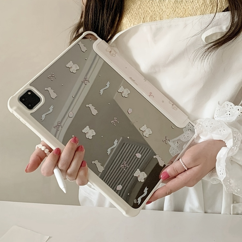 Защитен калъф за таблет с мотив мечка и огледално покритие за iPad Pro — PC материал, подставка, функция за сън, спрей финиш