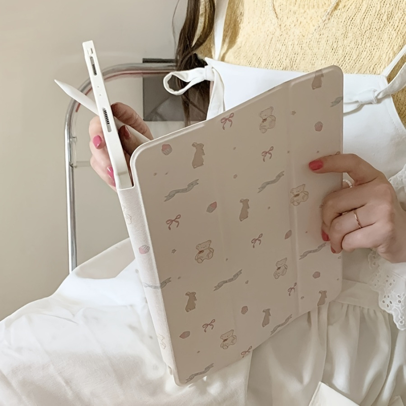 Защитен калъф за таблет с мотив мечка и огледално покритие за iPad Pro — PC материал, подставка, функция за сън, спрей финиш