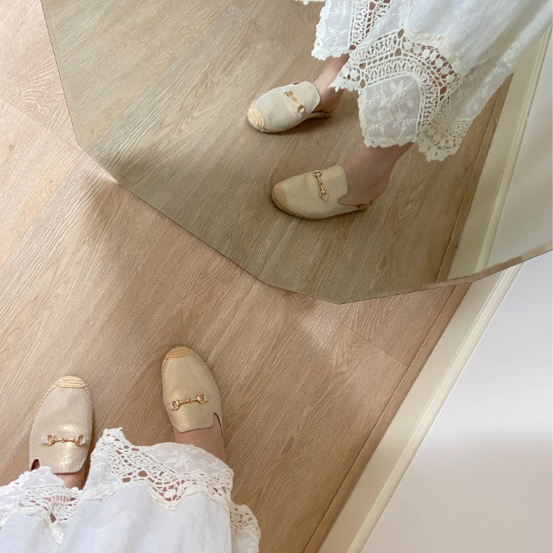 Žvejybos bateliai su lino viršutine dalimi, gumine danga, slip-on, etninio rašto, apvali nosis