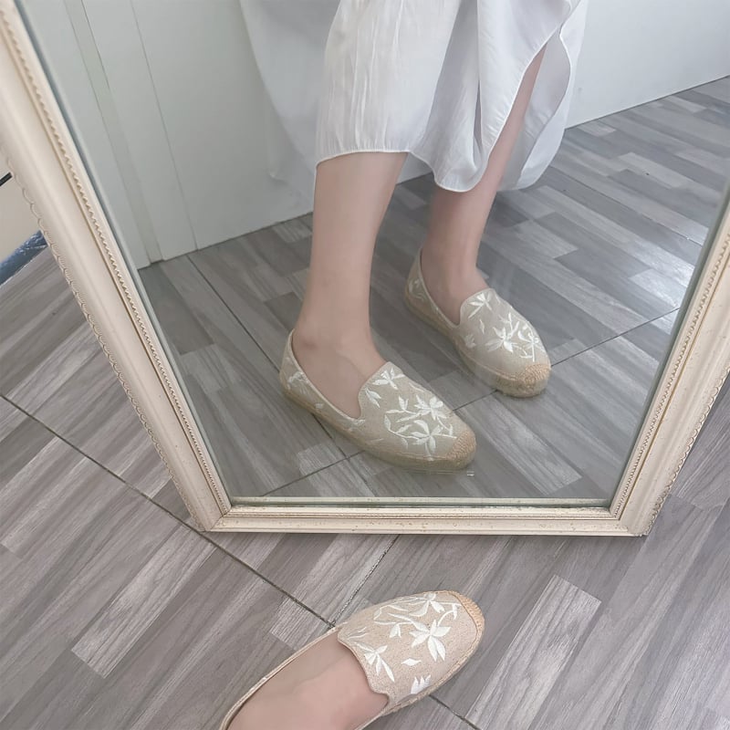 Žvejybos bateliai su lino viršutine dalimi, gumine danga, slip-on, etninio rašto, apvali nosis