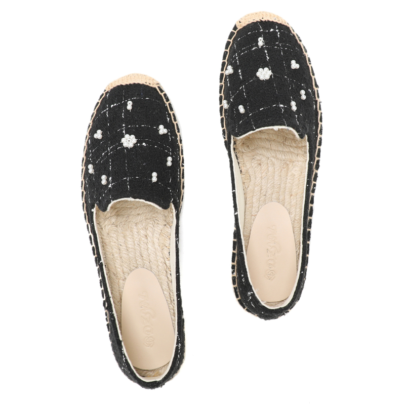 Žvejybos bateliai su lino viršutine dalimi, gumine danga, slip-on, etninio rašto, apvali nosis