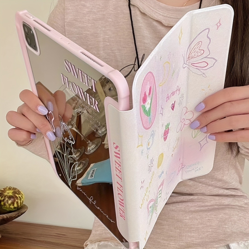 Carcasă cu oglindă pentru iPad – Design floral cu floare și fluture, TPU, activare/dezactivare magnetică, rezistență la uzură și la cădere; Compatibilă cu iPad 10-a generație, Pro 2022 și Air 4/5
