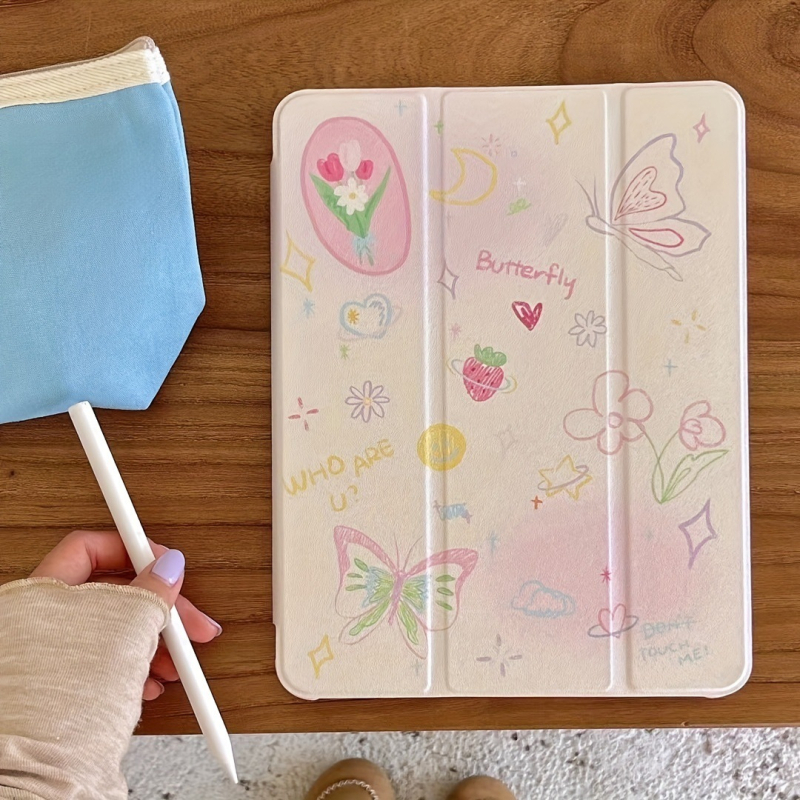 Carcasă cu oglindă pentru iPad – Design floral cu floare și fluture, TPU, activare/dezactivare magnetică, rezistență la uzură și la cădere; Compatibilă cu iPad 10-a generație, Pro 2022 și Air 4/5