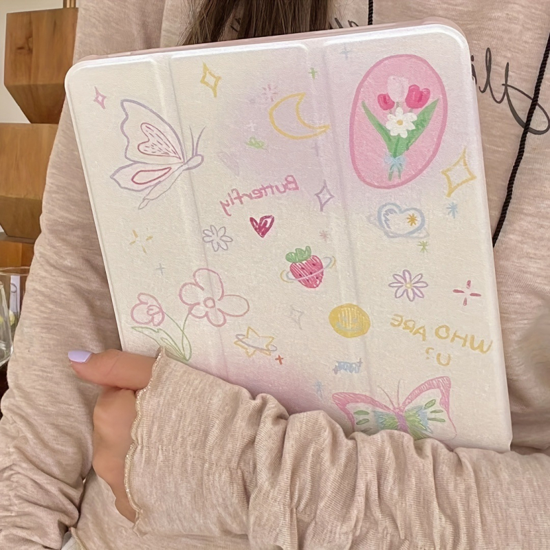 Carcasă cu oglindă pentru iPad – Design floral cu floare și fluture, TPU, activare/dezactivare magnetică, rezistență la uzură și la cădere; Compatibilă cu iPad 10-a generație, Pro 2022 și Air 4/5