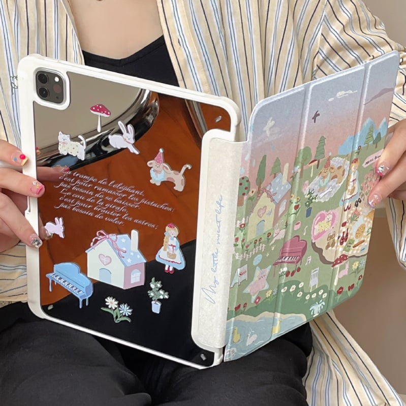 Carcasă de protecție pentru iPad Air 5 și iPad mini 6 – Stil Ins, Piele artificială, Embosat, Rezistentă la șocuri, Suport cu oglindă pliabil în trei părți