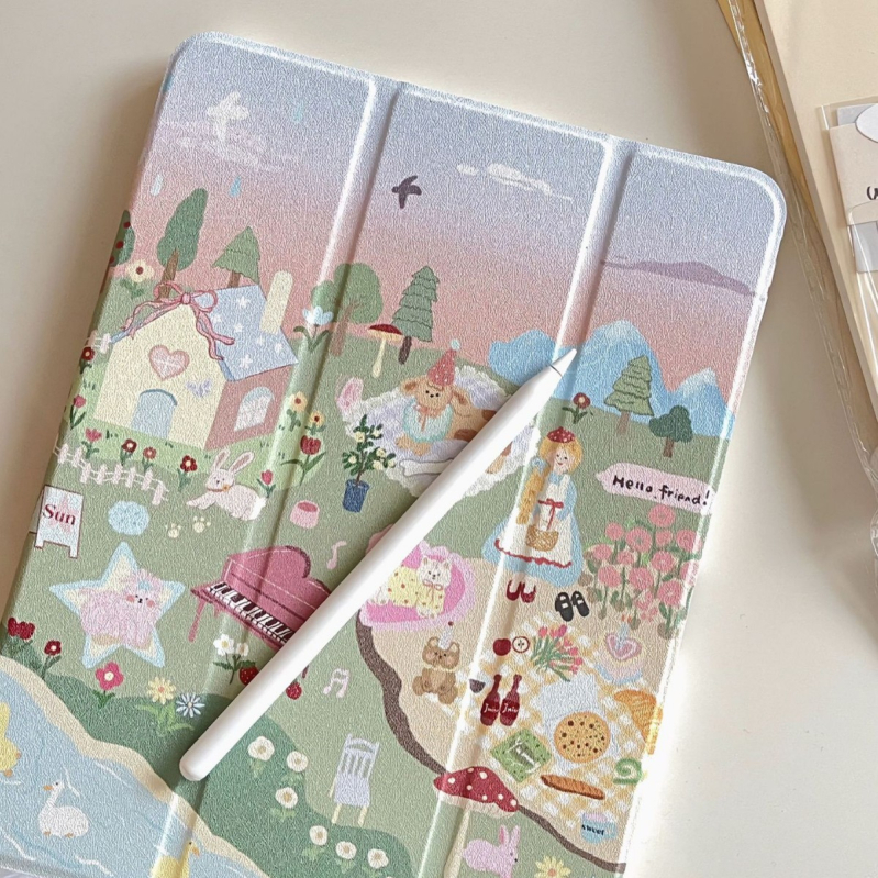 Carcasă de protecție pentru iPad Air 5 și iPad mini 6 – Stil Ins, Piele artificială, Embosat, Rezistentă la șocuri, Suport cu oglindă pliabil în trei părți