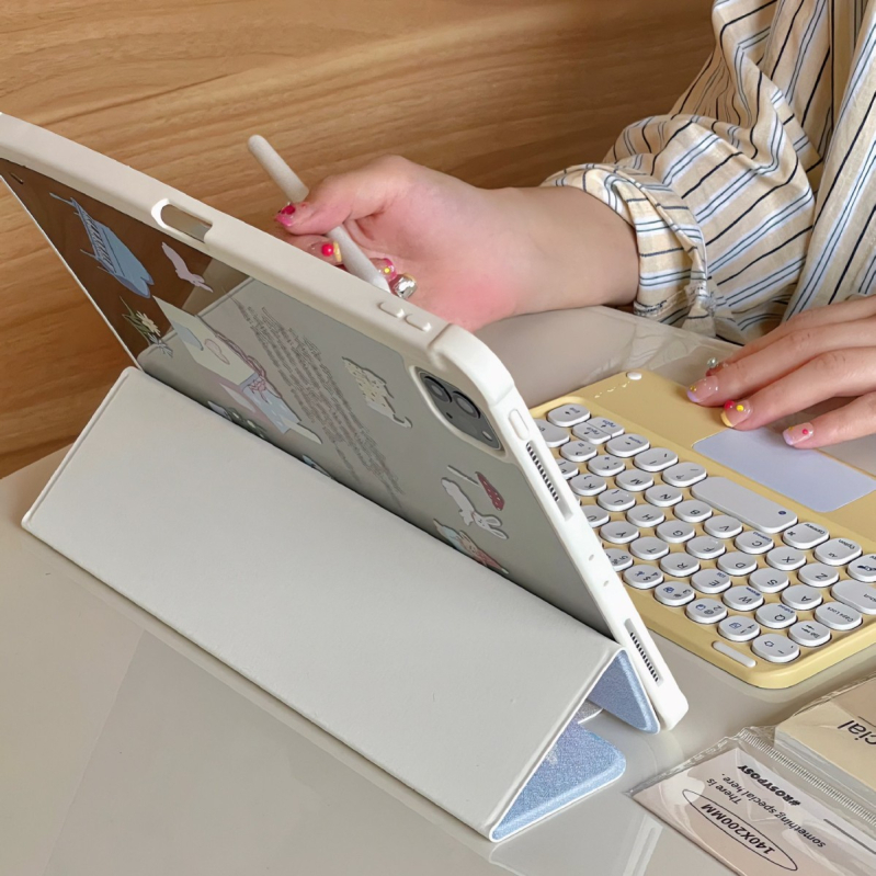 Carcasă de protecție pentru iPad Air 5 și iPad mini 6 – Stil Ins, Piele artificială, Embosat, Rezistentă la șocuri, Suport cu oglindă pliabil în trei părți