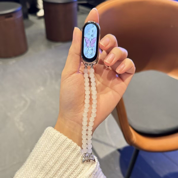 Brățară cu mărgele din chalcedon alb pentru Xiaomi Mi Band 8/9 NFC curea 9 Pro elastică, curea metalică de 18 mm, cataramă, stil la modă, 20 g