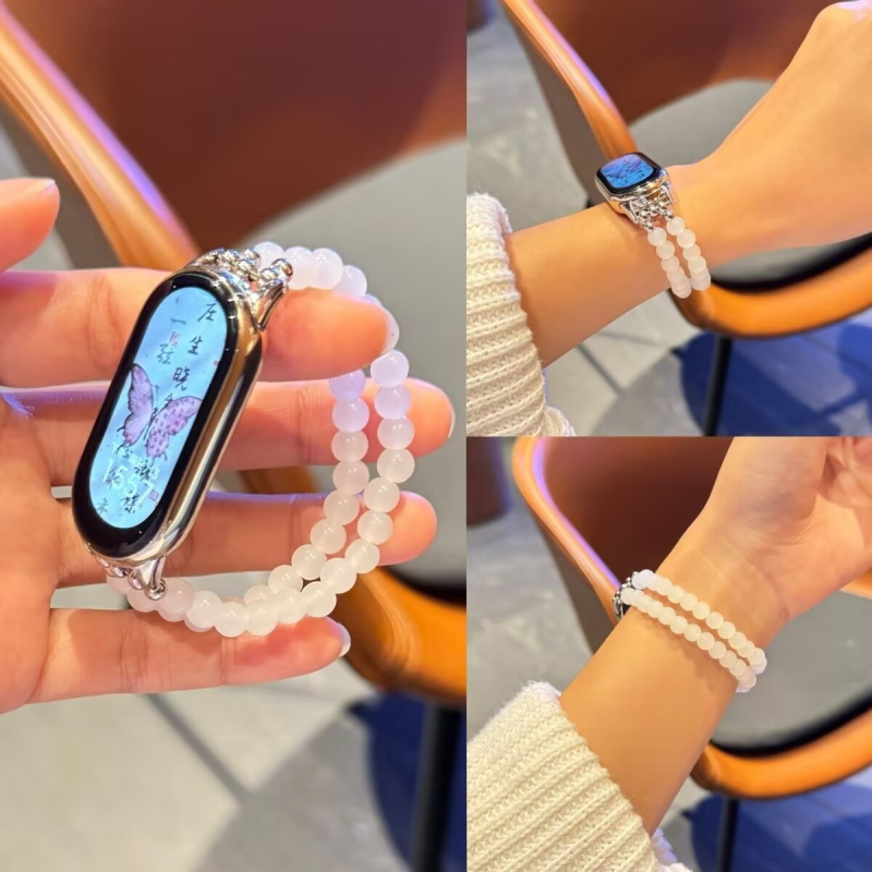 Brățară cu mărgele din chalcedon alb pentru Xiaomi Mi Band 8/9 NFC curea 9 Pro elastică, curea metalică de 18 mm, cataramă, stil la modă, 20 g