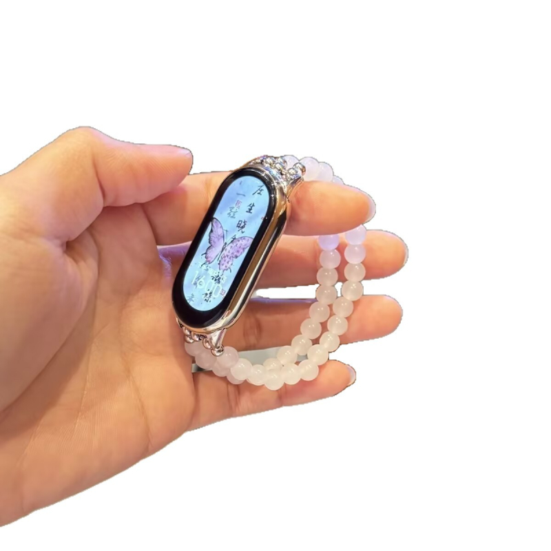 Brățară cu mărgele din chalcedon alb pentru Xiaomi Mi Band 8/9 NFC curea 9 Pro elastică, curea metalică de 18 mm, cataramă, stil la modă, 20 g