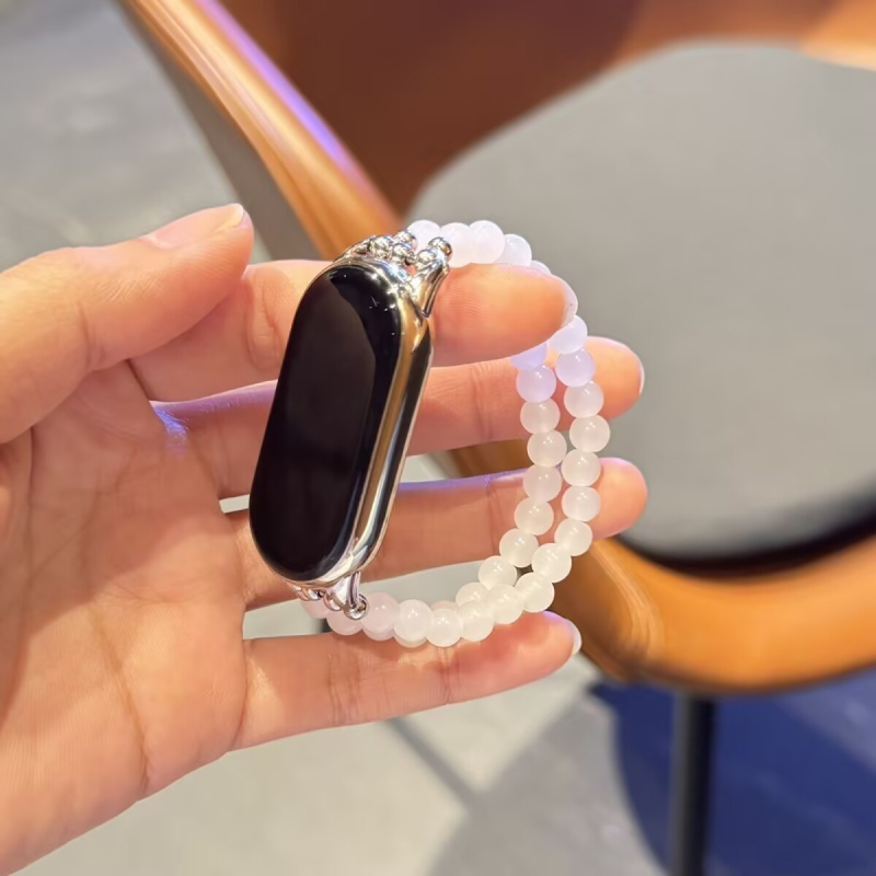 Brățară cu mărgele din chalcedon alb pentru Xiaomi Mi Band 8/9 NFC curea 9 Pro elastică, curea metalică de 18 mm, cataramă, stil la modă, 20 g