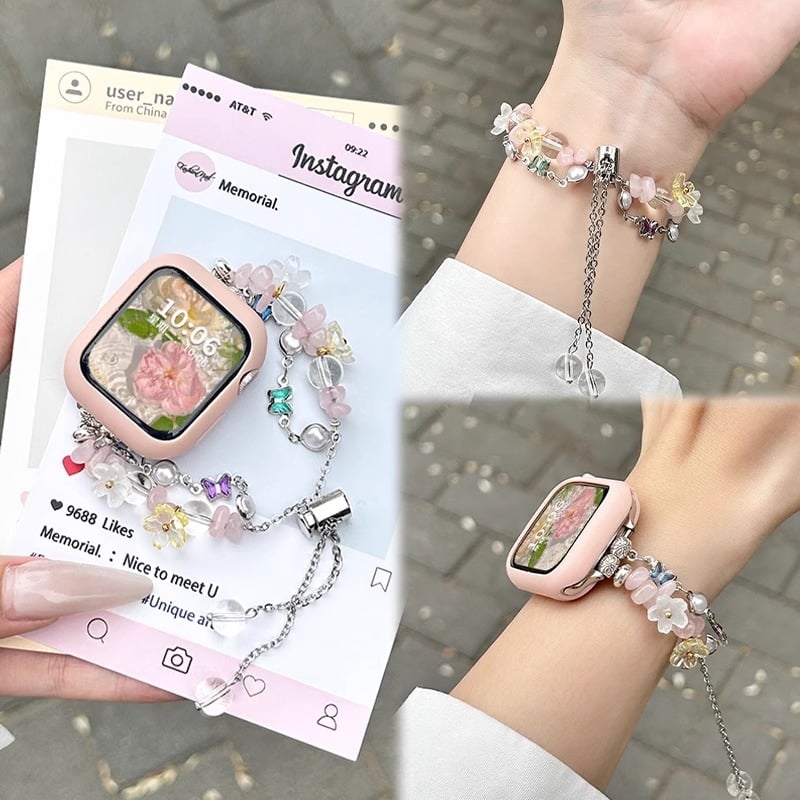 Narukvica s perlama za Apple Watch, prozirno ružičasti dizajn leptira, 14 mm, kompatibilna s S8/S9/S10 i SE