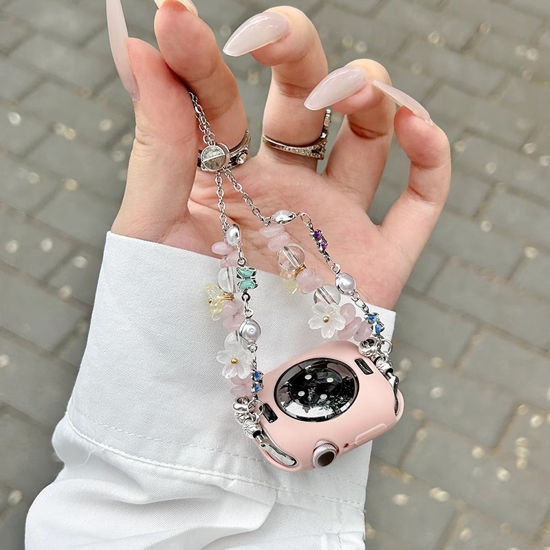Narukvica s perlama za Apple Watch, prozirno ružičasti dizajn leptira, 14 mm, kompatibilna s S8/S9/S10 i SE