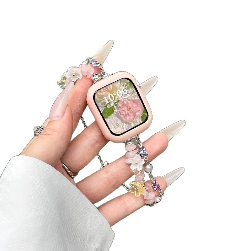 Narukvica s perlama za Apple Watch, prozirno ružičasti dizajn leptira, 14 mm, kompatibilna s S8/S9/S10 i SE