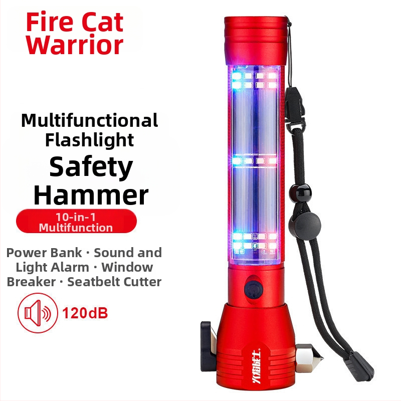 Flame Warrior višefunkcijski sigurnosni čekić sa solarnim napajanjem, jakim magnetom, alarmom, osvjetljenjem i snažnom LED baterijskom lampom (Materijal: legura; Težina: 0,5 kg; Napajanje: solarno napajanje)