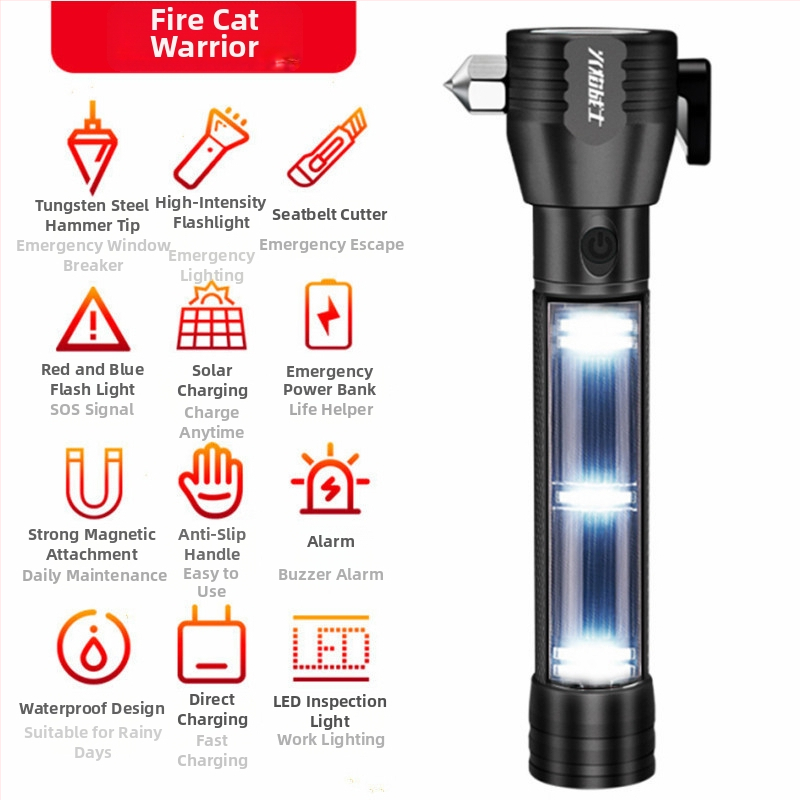 Flame Warrior višefunkcijski sigurnosni čekić sa solarnim napajanjem, jakim magnetom, alarmom, osvjetljenjem i snažnom LED baterijskom lampom (Materijal: legura; Težina: 0,5 kg; Napajanje: solarno napajanje)