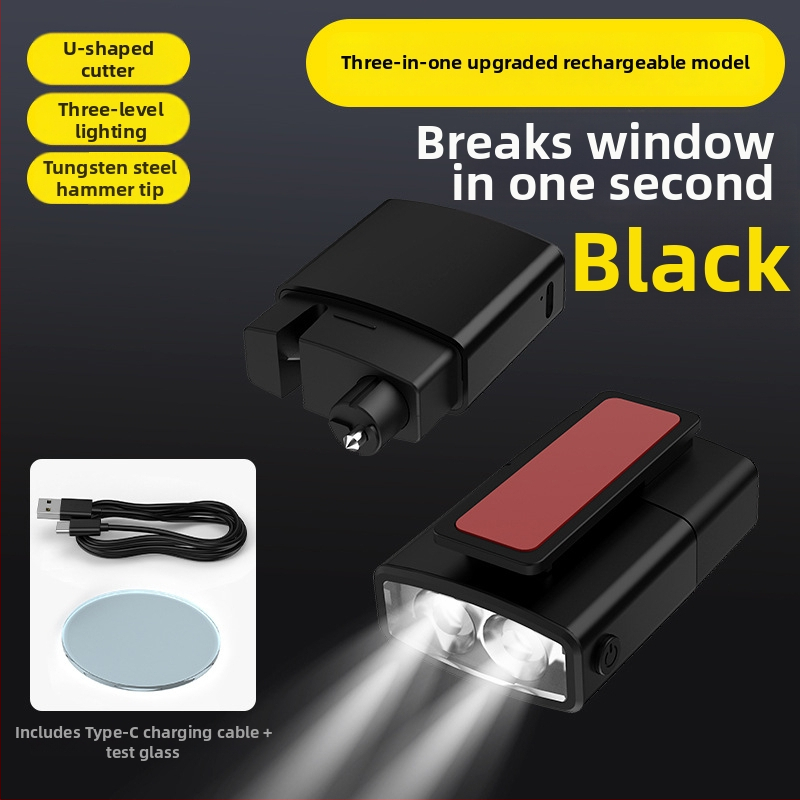 Type-C punjenje 3-u-1 automobilni čekić za razbijanje stakla s nožem za rezanje i tri načina rasvjete
