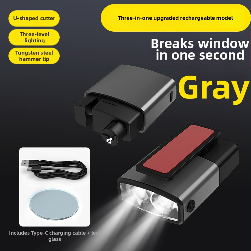 Type-C punjenje 3-u-1 automobilni čekić za razbijanje stakla s nožem za rezanje i tri načina rasvjete