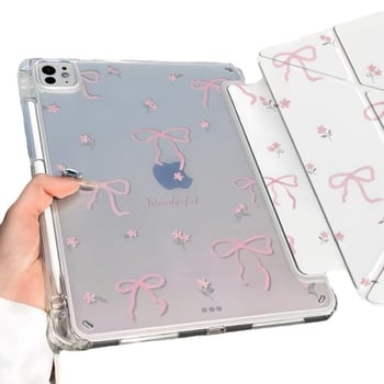 Permatomas dirbtinės odos dėklas iPad Air 4/5 su Y formos užlenkimu ir kaspinėliu (Medžiaga: dirbtinė oda; Gamyba: karštas presavimas; Suderinamumas: iPad Air 4/5)