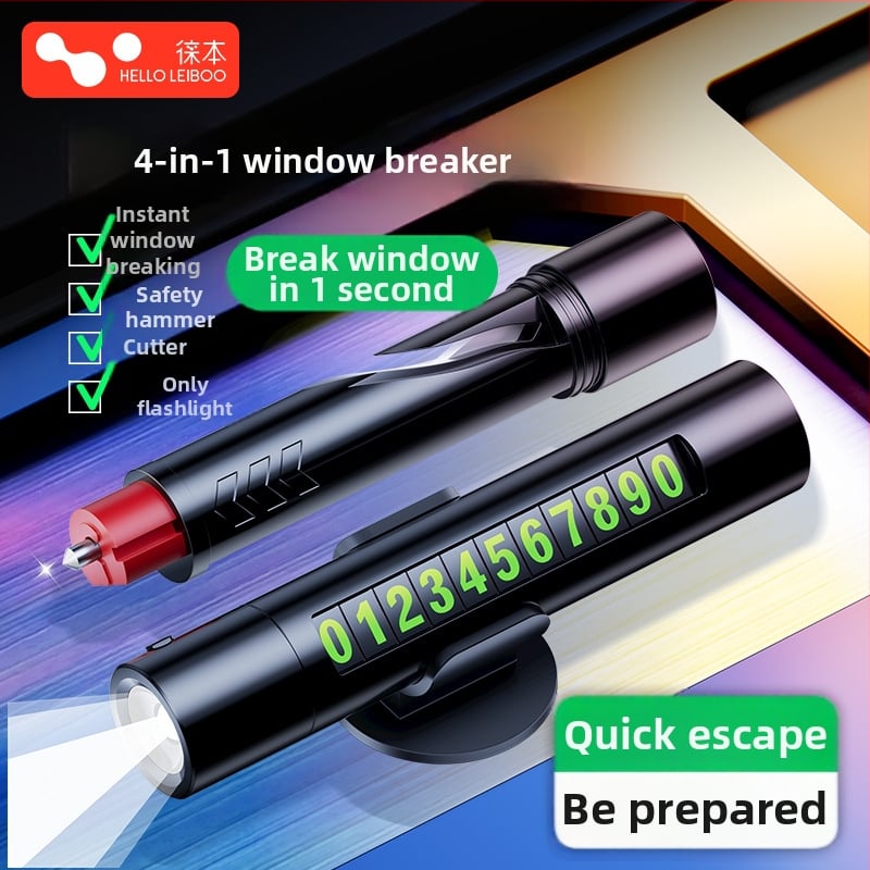 4-u-1 auto čekić za probijanje stakala i spašavanje, s aluminijskom legurom i ABS, težina 120 g