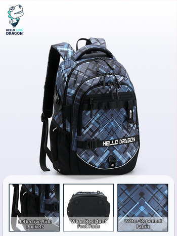 Σακίδιο μαθητών — ελαφρύ, ευρύχωρο με υποστήριξη της σπονδυλικής στήλης; Υλικό: Oxford ύφασμα; διαπνοή, αδιάβροχο, ultra-ελαφρύ; ιμάντες με αερόσακους; γεωμετρικό μοτίβο; κατάλληλο για 5η-6η τάξη.