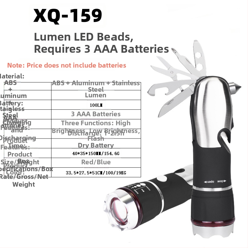 8-u-1 punjiva sigurnosna svjetiljka s čekićem i podesivim fokusom – nehrđajući čelik, LED, 1200 mAh, 10 W, domet do 50 m