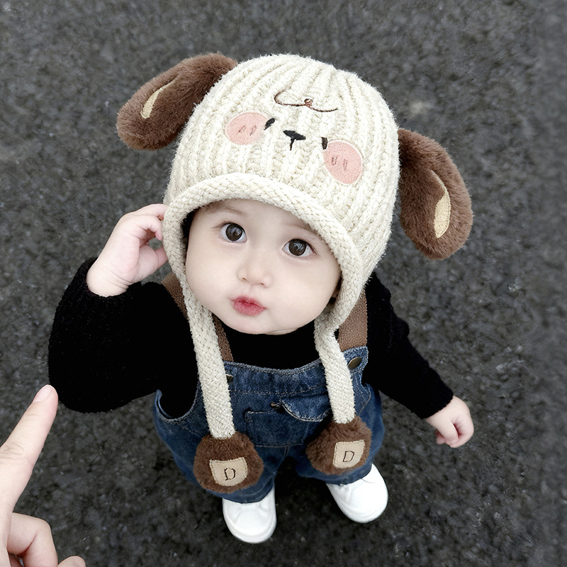 Gyerekeknek készült téli gyapjú sapka, kutya motívummal, fülvédő védelem, szélvédő