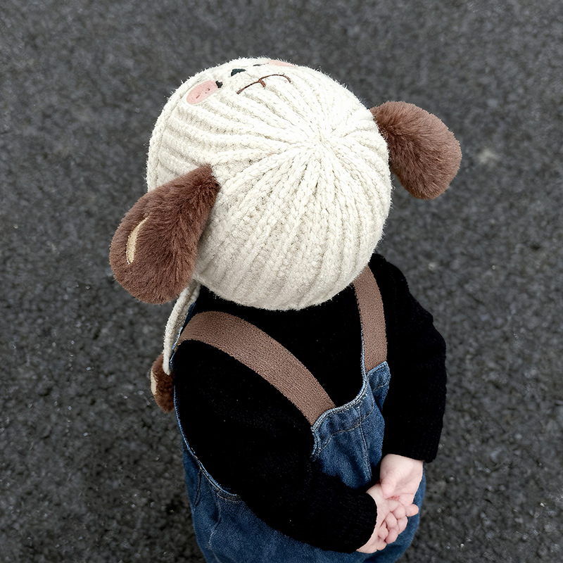 Gyerekeknek készült téli gyapjú sapka, kutya motívummal, fülvédő védelem, szélvédő