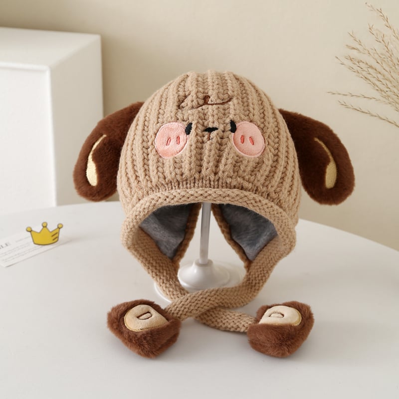 Gyerekeknek készült téli gyapjú sapka, kutya motívummal, fülvédő védelem, szélvédő