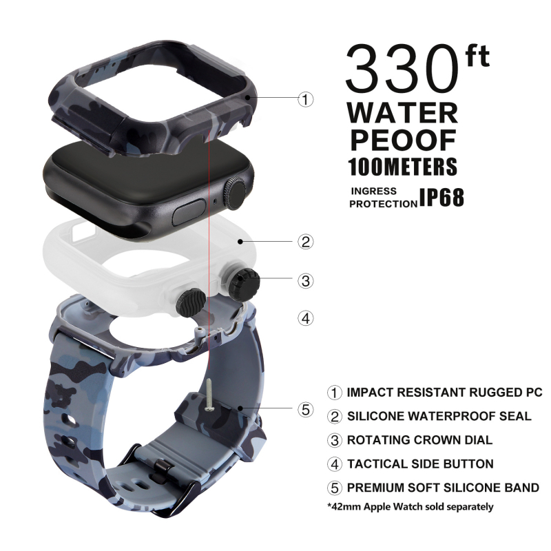 Apple Watch vízálló tok készlet PC tok és kamuflázs szilikon csuklópánt