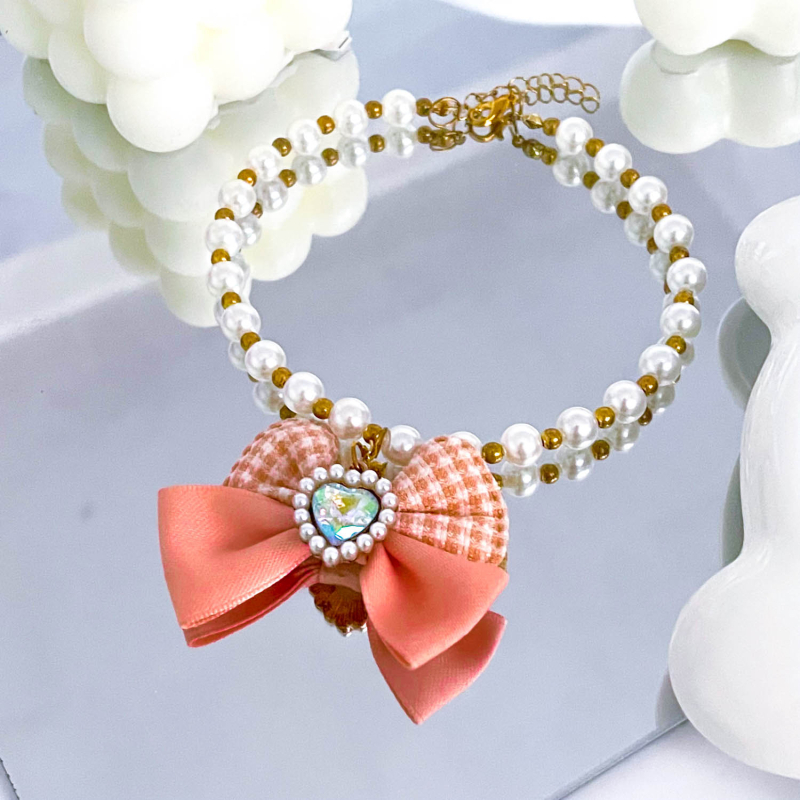 Colier pentru animale de companie cu funda perlată, pentru pisici și câini, model monocrom, material plastic, stil prințesă