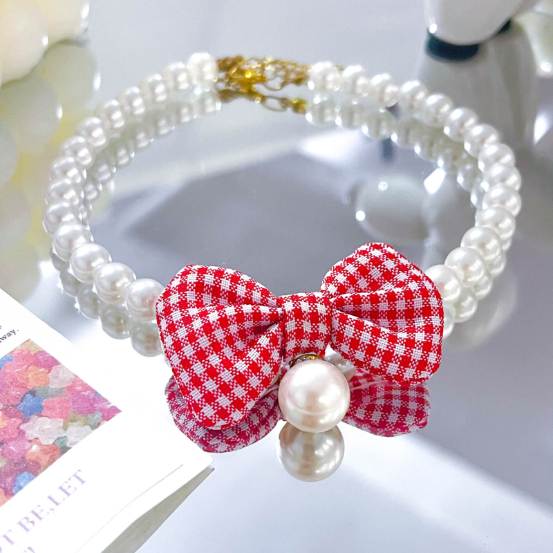 Colier pentru animale de companie cu funda perlată, pentru pisici și câini, model monocrom, material plastic, stil prințesă