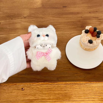 Плюшен калъф за AirPods 4-та генерация с котешки дизайн, карикатурен стил, текстилна изработка, съвместим с AirPods 1/2/3