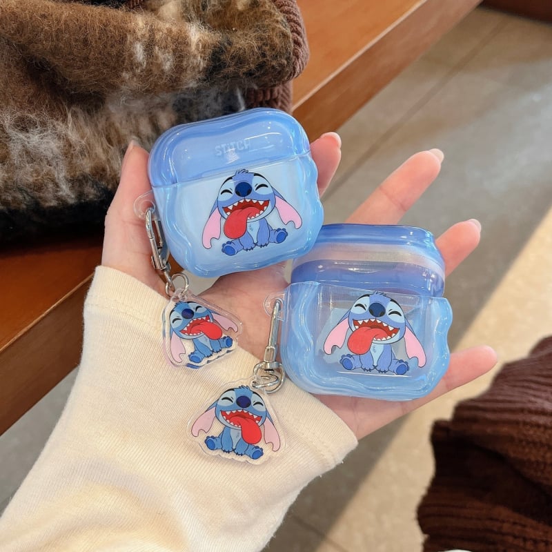 AirPods калъф – Стич в анимационен стил с изплезен език, TPU, релефен, за Apple