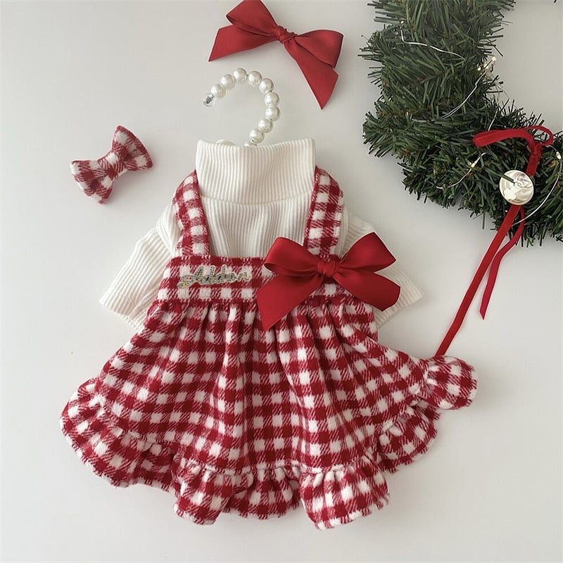 Rochie pentru câini cu carouri și funda, colecție toamnă-iarnă, din amestec de bumbac, stil drăguț, model PET-DMGD407C